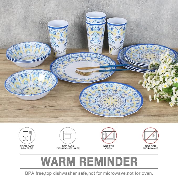 Melamine Dinnerware Set for 4-16 Pcs:Camping Dishes Set with Dinner PlatesSalad Plates Bowls and Cups.Lightweight and Unbreakable.Indoor and Outdoor Use.