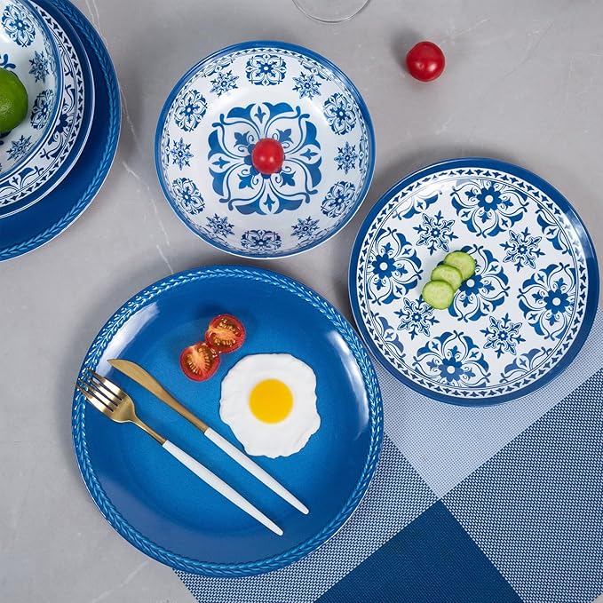 Melamine Dinnerware Set -12pcs Outdoor and Indoor Plates and Bowls Set Service for 4 Dishwasher Safe Blue Flower
