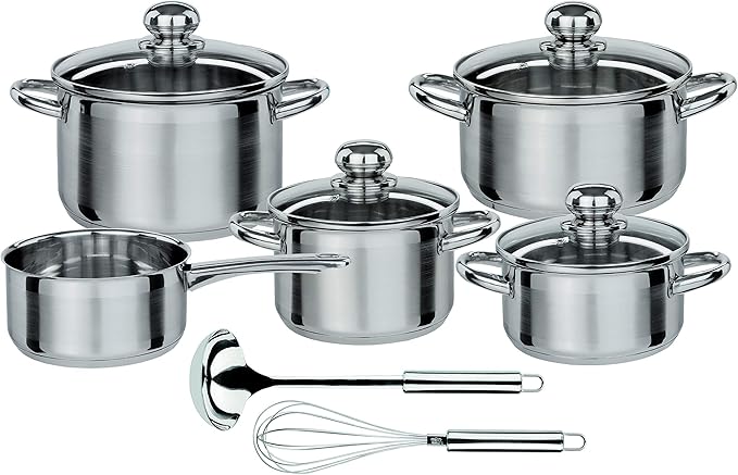 GSW Silver Star Cooking Pot Set 11 Pieces Stainless Steel Glass Silver