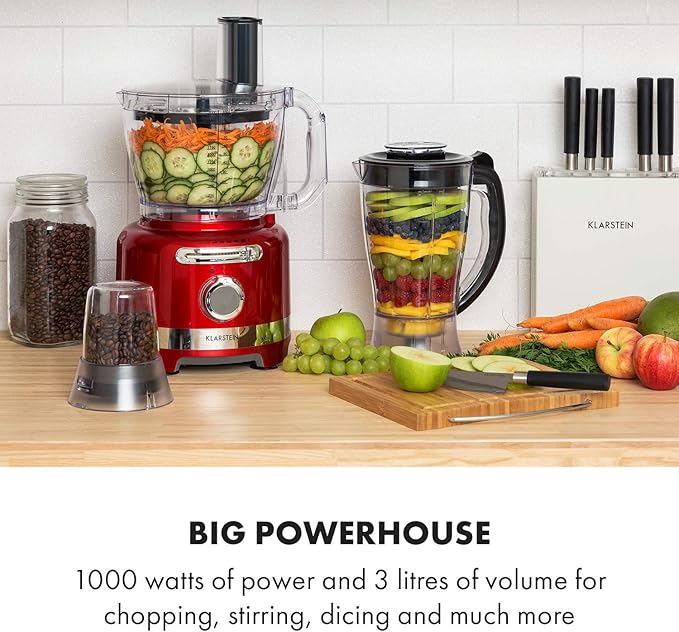 Klarstein Luca Multi-Function Mixer Blender Chopper Kitchen Grater Juicer Food Processor 1000 Watt Stepless 6 Levels BPA Free 3 Litres 3 L Measuring Cup Spatula Red