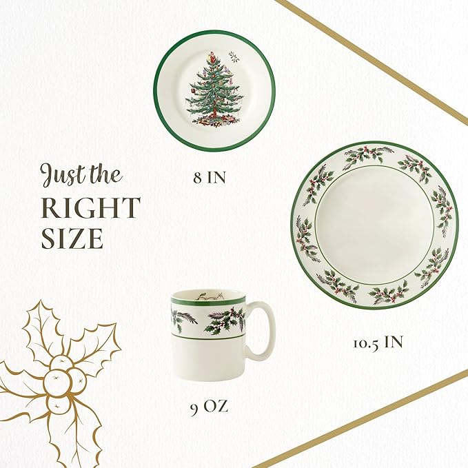 Spode Christmas Tree 12-Piece Dinnerware Set (Service for 4) - Festive Holiday Tableware with Plates &amp Mugs - Fine Earthenware Christmas Dinnerware - Microwave &amp Dishwasher Safe