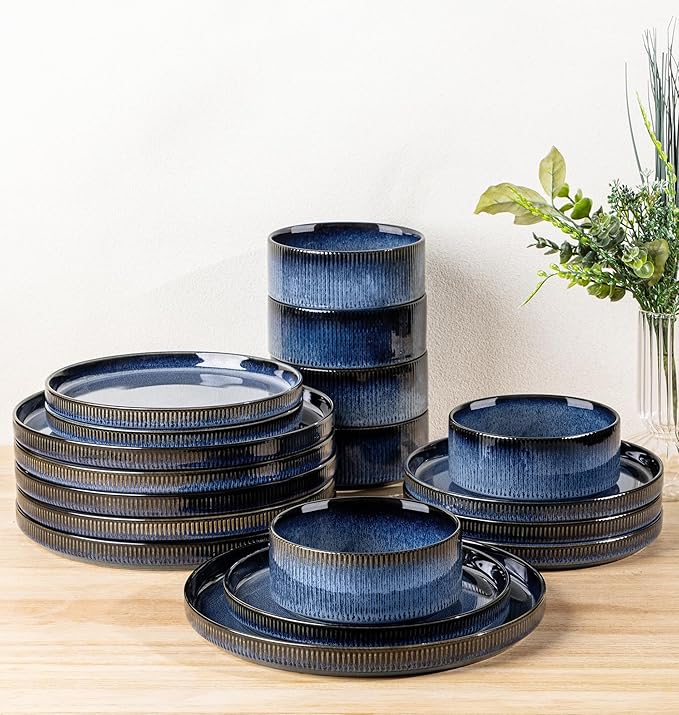 TheTerra Ceramic Dinnerware Sets for 6 18 Pieces Porcelain Lightweight Speckled Plates and Bowls Sets Scratch Resistant Dish Set Oven &amp Microwave &amp Dishwasher Safe Starry Blue
