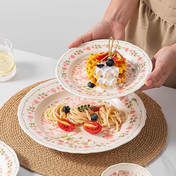 24 Piece Dinnerware Sets for 6 Scratch Resistantmicrowave oven and Dishwasher Safe Plates and Bowls Sets Ceramic Dish Set Bowl and Plate Set -Pink peach blossom pattern