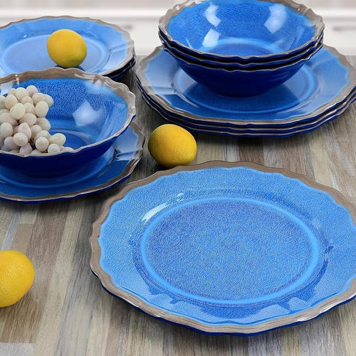 12 Piece Blue Melamine Dinnerware Set – Lightweight Chip Resistant Plates and Bowls with Scalloped Edge Design