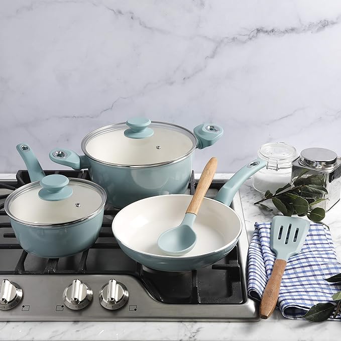 Gibson Home Plaza Café Forged Aluminum Healthy PFA-Free Ceramic Pots and Pans Cookware Set 7-Piece Set Sky Blue