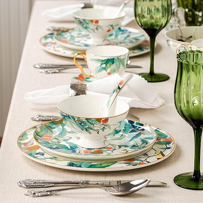 Fine Bone China Dinnerware Set Porcelain &amp Ceramic Dinnerware Sets Bone Stoneware &amp Ceramic Cookware Tableware Set Includes Dinner Plates|Spoons|Pasta Bowls (30PCS * 6-Person Set)