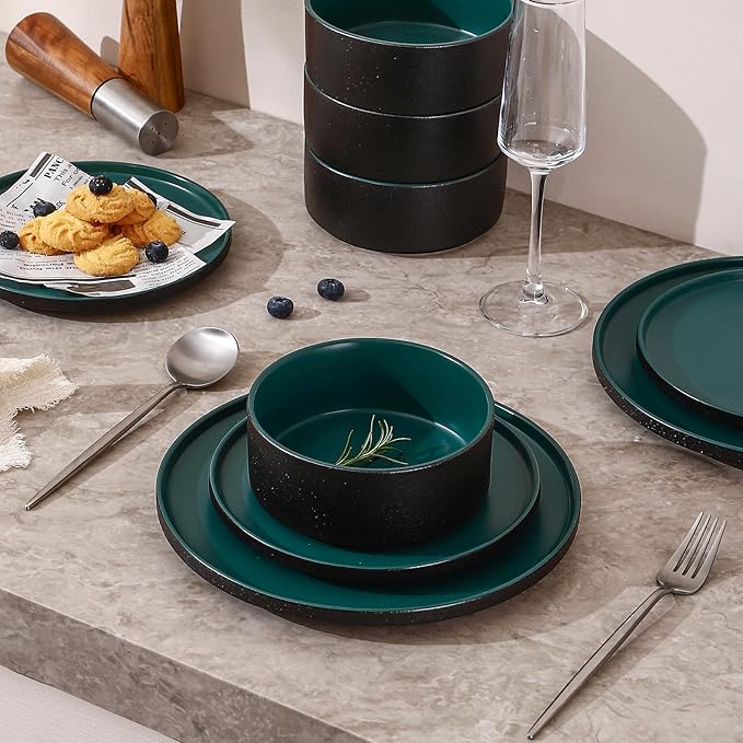 GZG Classic Series - Plates and Bowls Set for 8 24 Piece Stoneware Dinnerware Sets Microwave and Dishwasher Safe Lead-Free Handcrafted Ceramic Dishes Set - Malachite Green