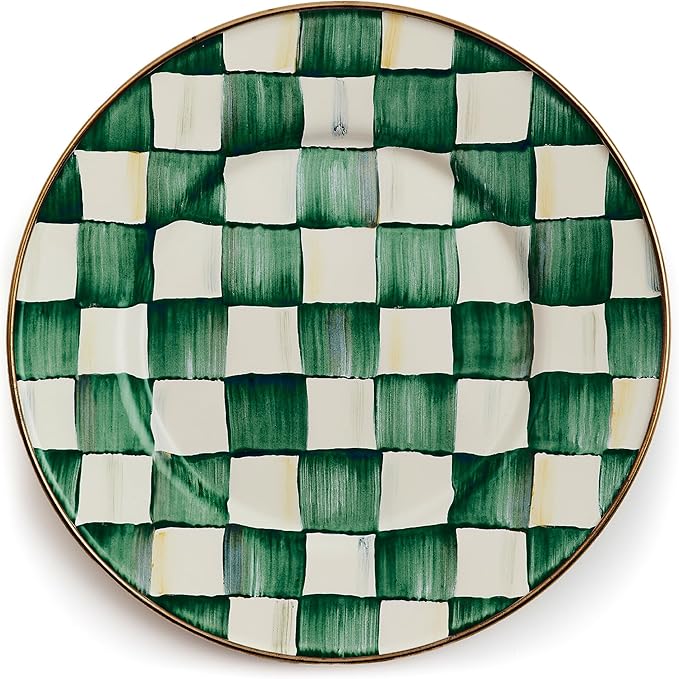 MACKENZIE-CHILDS Enamel Salad and Dessert Plate Small Plate for a Dessert or Appetizer Dish 8 Inches Green-and-White Emerald Check