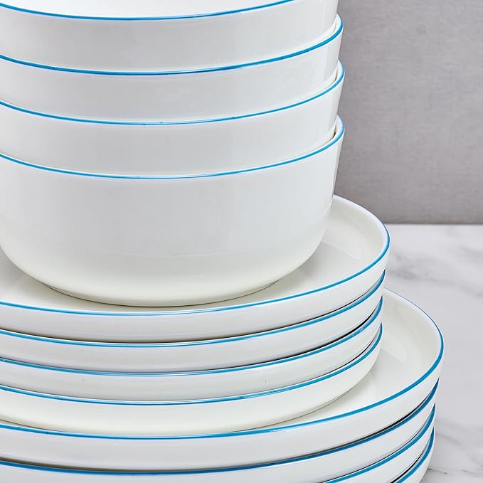 Mikasa Samantha 12 Piece Bone China Dinnerware Set Service for 4 Flat Plates and Bowl with Blue Rim Chip-Resistant Lightweight Elegant and Durable White