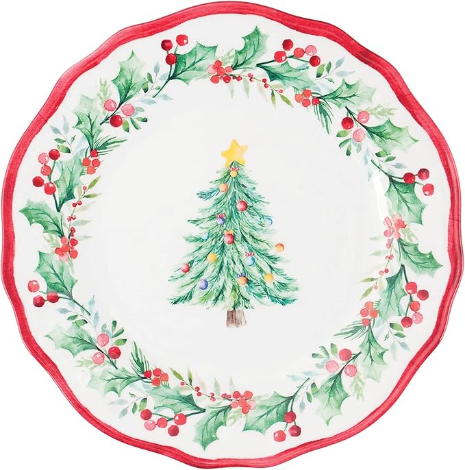 UPware 12 Piece Christmas Tree Melamine Dinnerware Sets Outdoor Dishes Set Plates and Bowls Sets Christmas Decorations Service for 4 Red