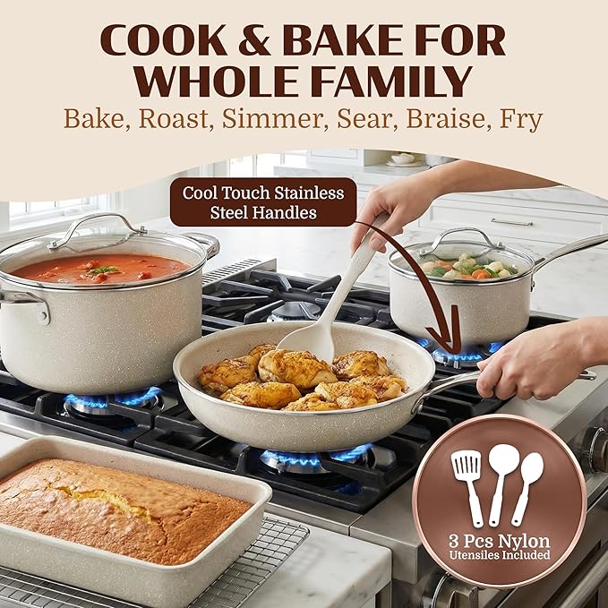 Granitestone Ceraluxe 20 Pc Ceramic Cookware Set Nonstick Complete Pots and Pans Set Non Stick for Kitchen with Bakeware Utensils &amp Steamer Non Toxic Made Without PFOA PFOS Oven &amp Dishwash