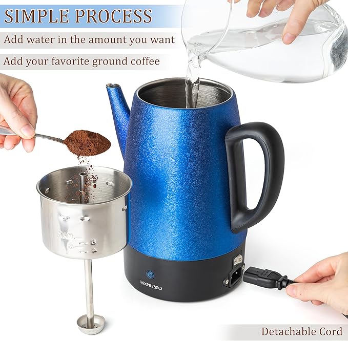 Mixpresso 10 Cup Percolator Coffee Pot Electric Stainless Steel Coffee Percolator Electric With Keep Warm Function Classic Perculator Pot With Removable Basket for Home or Office - Shiny Blue