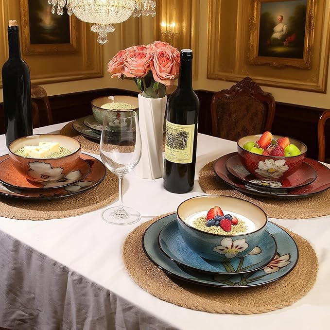 Plates and Bowls Sets12 Pieces Kiln Changed Glaze Ceramic Dinnerware SetDishes Set for 4Highly Chip and Crack Resistant Modern Plate SetDishwasher &amp Microwave Safe (4 colors)