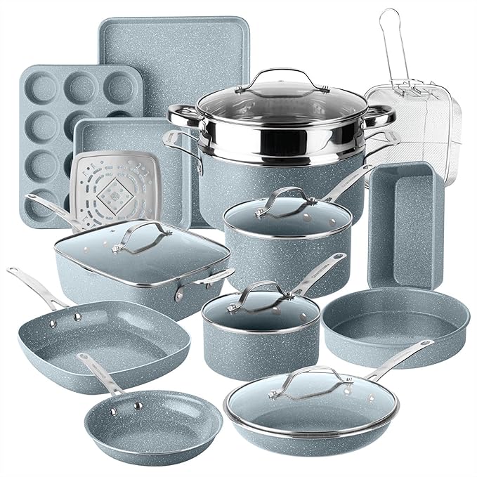 Granitestone Ceraluxe 20 Pc Ceramic Cookware Set Nonstick Complete Pots and Pans Set Non Stick with 5 Pc Bakeware Set Deep Frying Pan Set &amp Steamer Non Toxic PFOA Free Oven &amp Dishwasher S