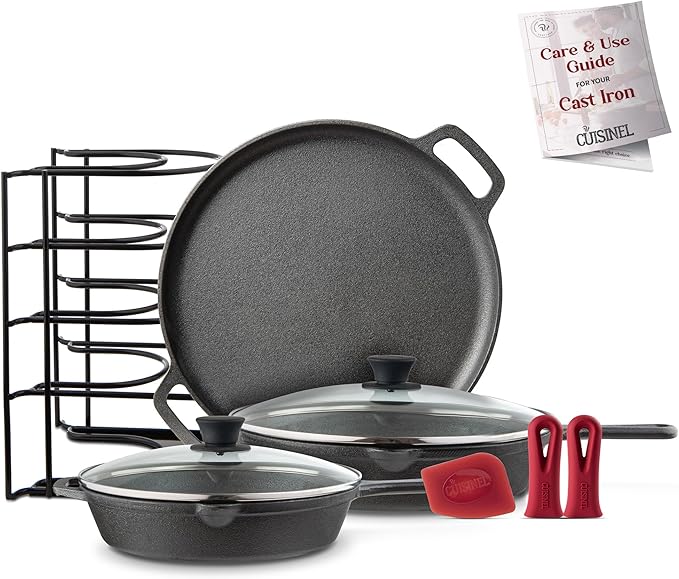 Cuisinel Cast Iron Cookware Set - 6-Pieces Pre-Seasoned Kit: 10+12 Skillet + Glass Lids + Pizza Pan + Pan Rack Organizer + Silicone Handle Covers + Scraper/Cleaner - Grill Camping Indoor/Outdoor
