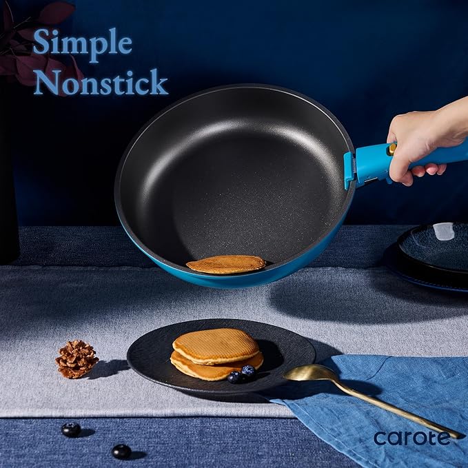 CAROTE 21pcs Pots and Pans Set Nonstick Cookware Set Detachable Handle Induction Kitchen Cookware Sets Non Stick with Removable Handle RV Cookware Set Peacock Blue