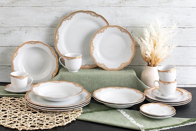 Dinnerware Set Service for 4-20 Piece Gold Floral Design Dishes Set for 4 - Luxurious Plates and Bowls Dish Set Ceramic Bowl - Kitchen Starter Sets for Apartment and Home (Floral Gold 2020)