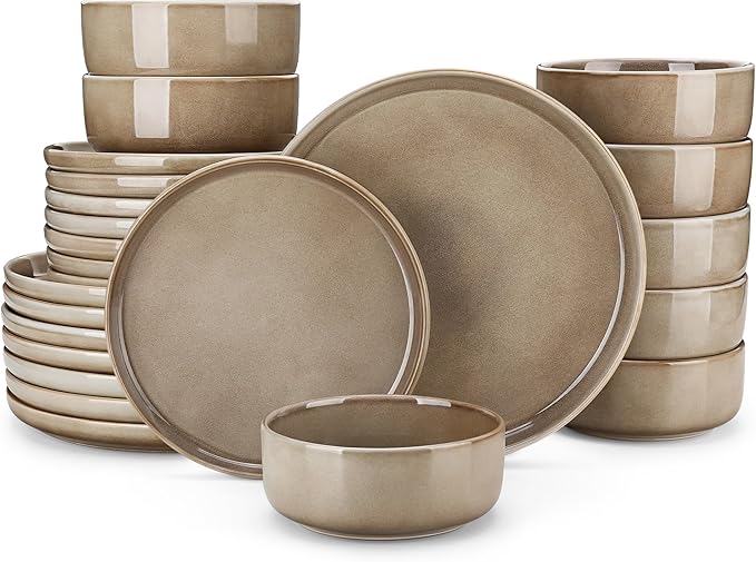 vancasso PLAYA Plates and Bowls Sets 24 Pieces Dark Brown Dinnerware Sets for Kitchen Reactive Glaze Dishes Set for 8 Dishwasher and Microwave Safe