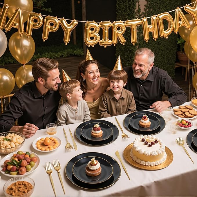 bUCLA 150PCS Black and Gold Plastic Plates - Black Gold Plastic Dinnerware Set Disposable - Include 25 Dinner / 25 Dessert Plates 25 Knives 25 Forks 25 Spoons 25 Cups Ideal for Party &amp Birthd