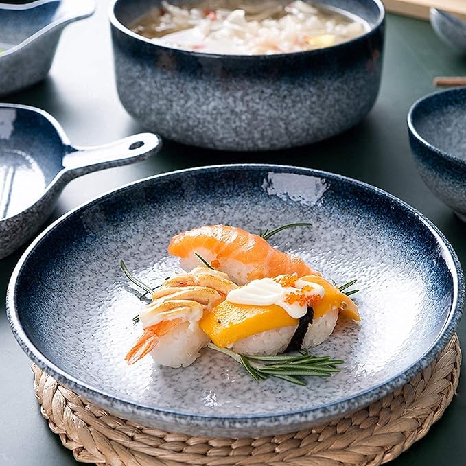 Stylish Dinner PlatesCeramics Dinner Sets 48 Pieces Blue Glaze Cereal Bowl and Steak Plate | Japanese-Style Porcelain Dinnerware Set for Family Gathering