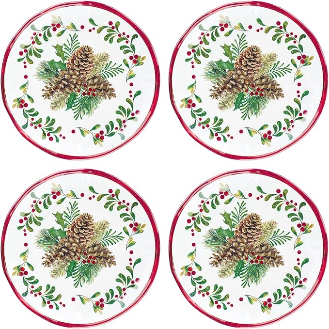 UPware 16 Piece Pinecones Melamine Dinnerware Sets Outdoor Dishes Set Plates and Bowls Sets Christmas Decorations Service for 4 Red