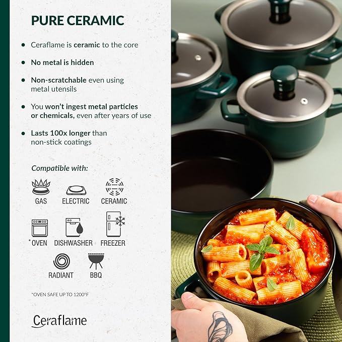Real Ceramic Non-Scratchable Non-Toxic Cookware Set – Oven Safe up to 1200°F Stovetop Agnostic Dishwasher Safe Long-Lasting and Lightweight – PFAS PTFE PFOA PFOS-Free – Matte Rosemary
