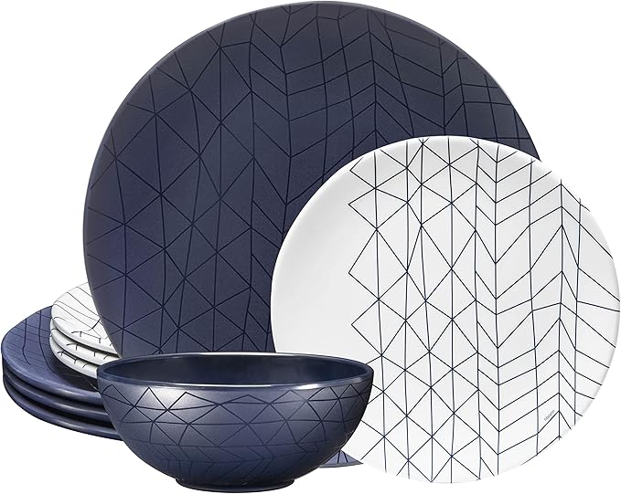 bzyoo 12 Piece Melamine Dinnerware Set - Durable Dishwasher Safe Plates and Bowls - Dinning Parties Camping Dish Set Spidy Blue Collection