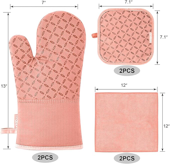 KEGOUU Oven Mitts and Pot Holders 6pcs Set Kitchen Oven Glove High Heat Resistant 500 Degree Extra Long Oven Mitts and Potholder with Non-Slip Silicone Surface for Cooking (Pink)