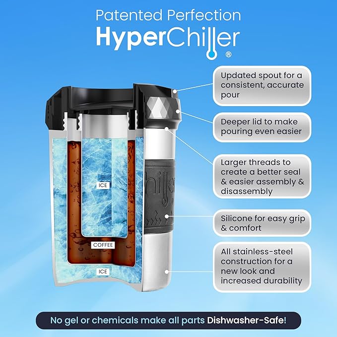 The Original but NEW Stainless-Steel HyperChiller HC2SS Patented Iced Coffee/Beverage Cooler Ready in One Minute Reusable for Iced Tea Wine Spirits Alcohol Juice 12.5 oz Stainless Steel