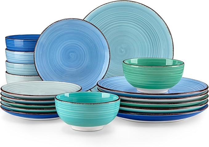 vancasso Bonita Dinnerware Set Blue Stoneware 18 Pieces Service for 6 Handpainted Spirals Pattern Stoneware Plates and Bowls Set