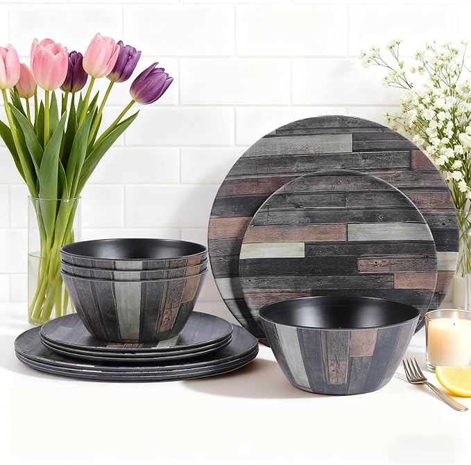 Wood Grain Melamine Dinnerware Set – 12 Piece Plates and Bowls Break-Resistant Dinner Plates for Everyday Use Heavy Duty Dishwasher Safe Camping Party Indoor Outdoor Dining