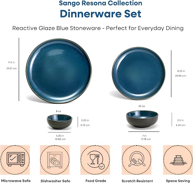 Sango 16-Piece Stoneware Dinnerware Set for 4 Glossy Black/Blue Big Dinner Plates and Bowls Sets with Reactive Glaze Ceramic Dish Set Modern Beautiful Dishes Microwave &amp Dishwasher Safe Reson
