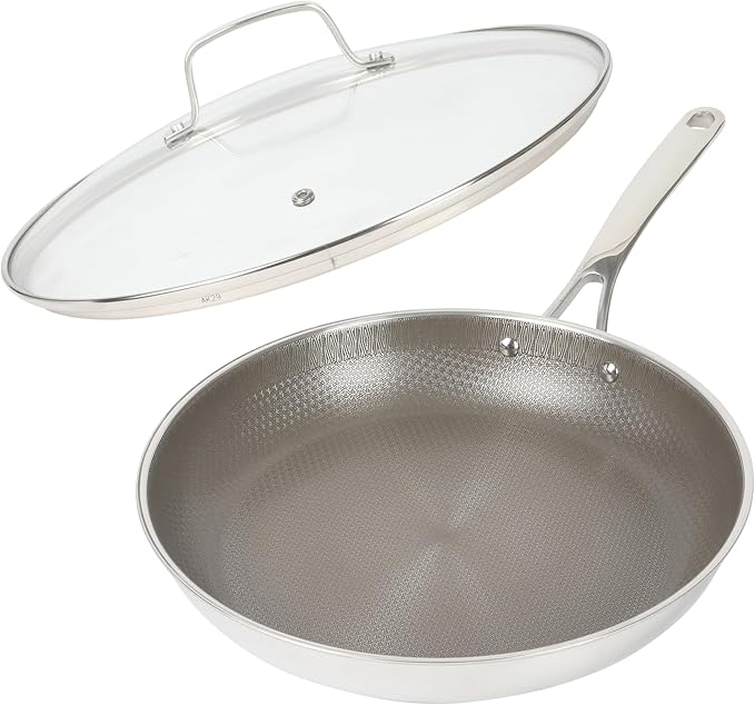 Martha Stewart Badgley Hybrid Nonstick 12 Inch TriPly Stainless Steel Large Fry Pan With Lid &amp Stay Cool Handle - Laser Etched Non-Toxic Perfect Sear Nonstick Skillet - Dishwasher and Induction Sa
