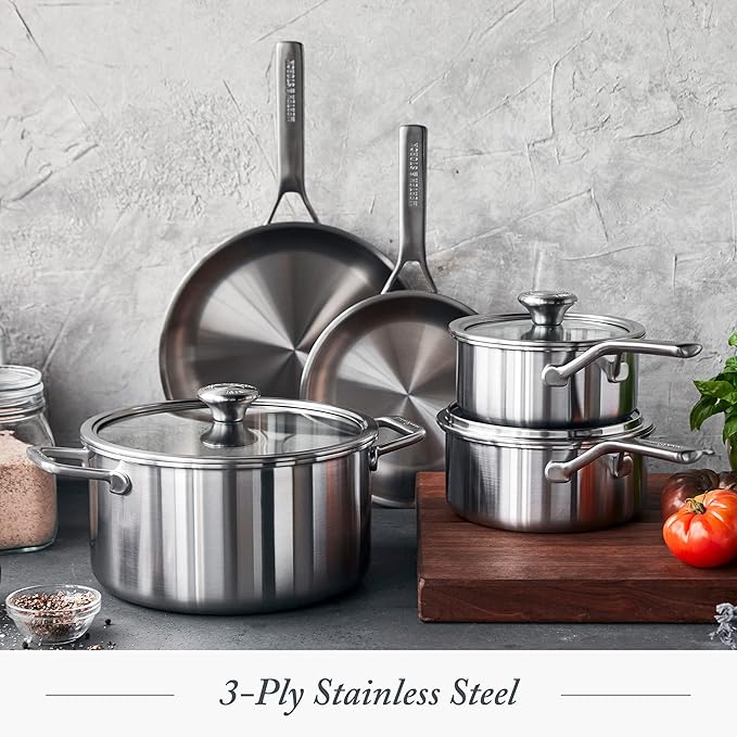 Merten &amp Storck Tri-Ply Stainless Steel 8 Piece Cookware Pots &amp Pans SetProfessional CookingMulti CladMeasurement MarkingsDrip-Free Pouring EdgesDurable Glass Lids InductionOven&ampDis