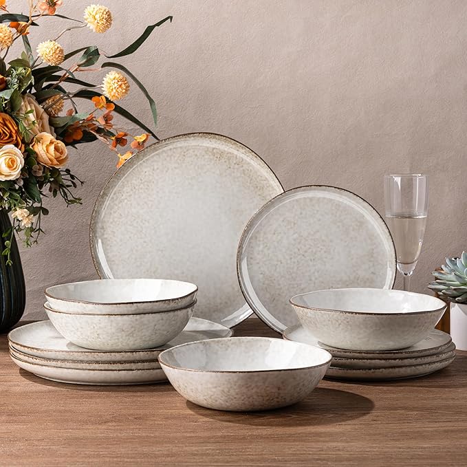 AmorArc Ceramic Dinnerware SetsHandmade Reactive Glaze Stoneware Plates and Bowls SetsHighly Scratch Resistant | Dishwasher &amp Microwave Safe Dishes SetService for 4 (12pc)