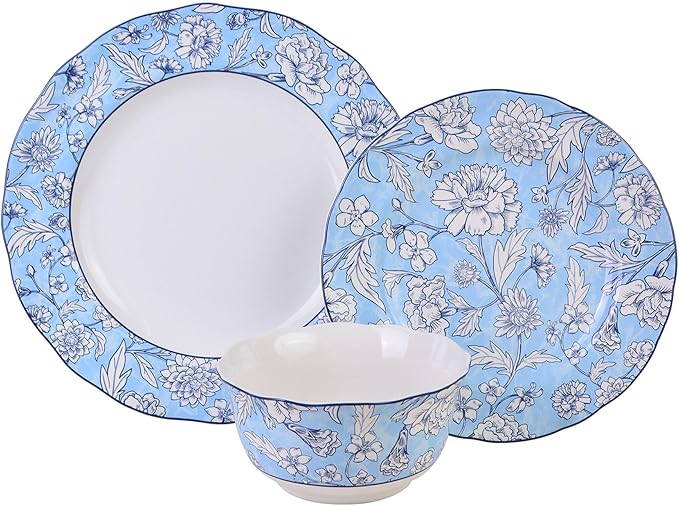 222 Fifth 12-Piece Porcelain Dinnerware Set for 4 White &amp Light Blue Plates and Bowls Set Glossy Ceramic Dish Set with Ornate Floral Design Kitchen Tableware Microwave &amp Dishwasher Safe C