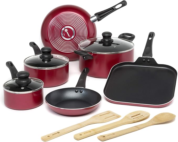 Ecolution Easy Clean Nonstick Cookware Set Dishwasher Safe Kitchen Pots and Pans Set Comfort Grip Handle Even Heating Ultimate Food Release 12-Piece Red