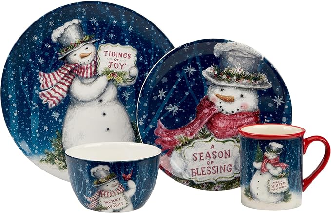 Certified International Snowman Greetings 16 Pc Dinnerware Set Service for 4