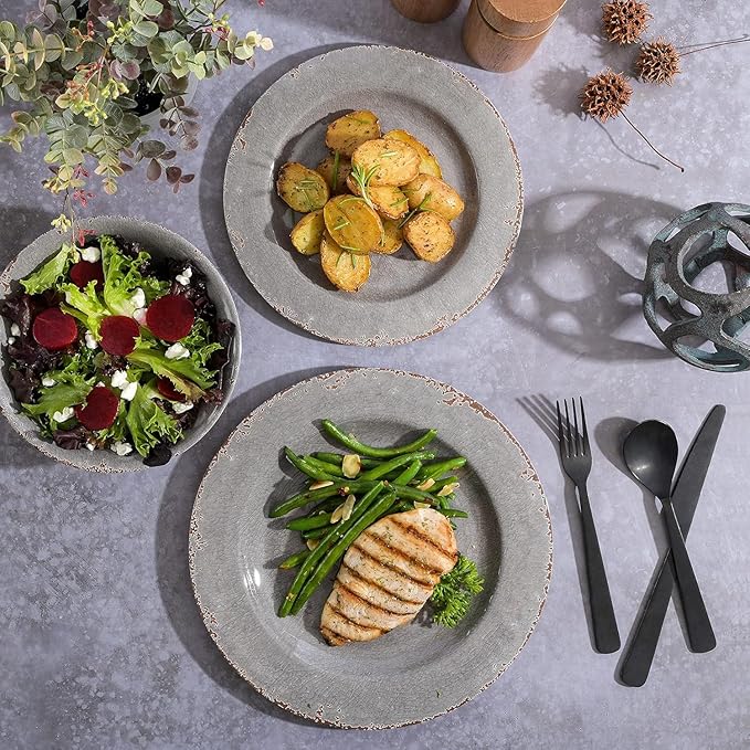 12-Piece Melamine Dinnerware Set – Crackle Design Indoor &amp Outdoor Use Lightweight &amp Durable (Gray Rustic)