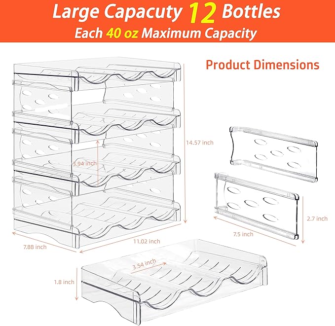 IEEK 4 Pack Stackable Wine and Water Bottle Holder Free-Standing Fridge Wine Bottle Organizers Clear Plastic Water Bottle Holder for CabinetRefrigeratorPantryKitchen CountertopsHolds 12 Bottles