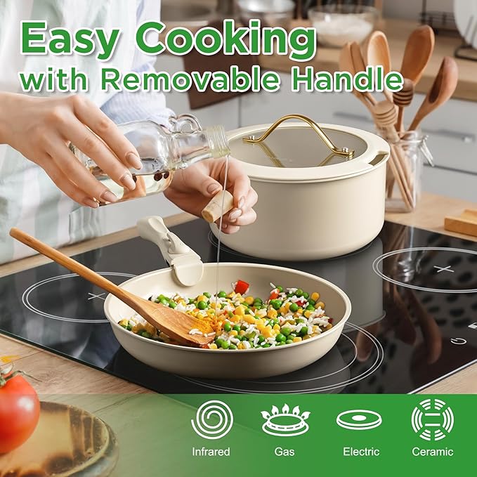 20pcs Ceramic Cookware Set Nonstick Detachable Handle Pots and Pans Set RV Kitchen Set Removable Handle for Cooking Non Toxic No PFAS &amp PTFE &amp PFOA Dishwasher/Oven Safe Cream White