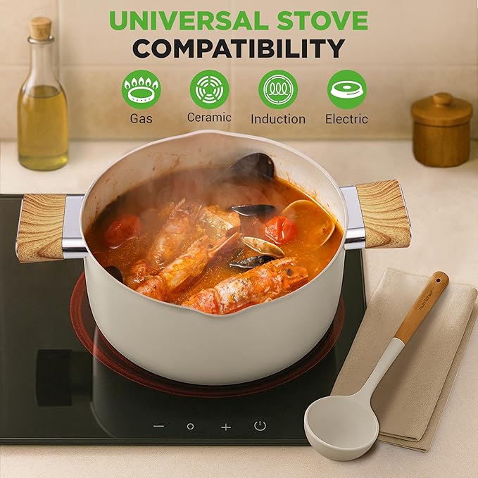 NutriChef Ceramic Cookware Set with Cooking Utensils 14-Piece Nonstick Cookware Set with Glass Lids Compatible with All Cooktops Heat-Resistant Handles and Stylish Finish (Beige)