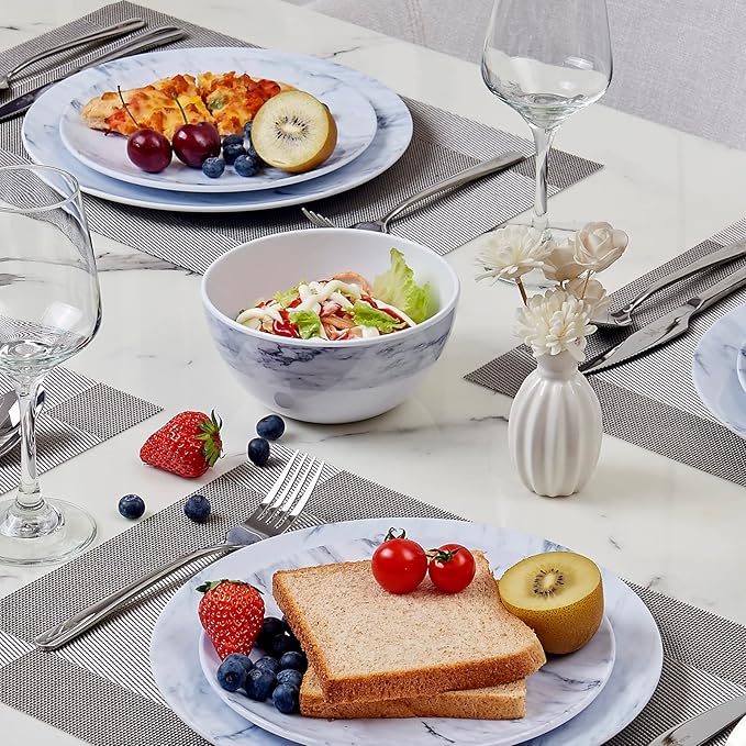 TP 12-Piece Melamine Dinnerware Sets Plates and Bowls Dishes Set for 4 Break-Resistant &amp Non-Microwavable Lightweight Dinner Plates Marble Pattern