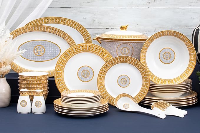 Royalty Porcelain 44 Piece Dinnerware - Gorgeous Set for 6 - Mosaic Design with Gold Detailing - Dining Plates Bowls Tureen and Serving Pieces - For Everyday Dishes or Formal Occasion