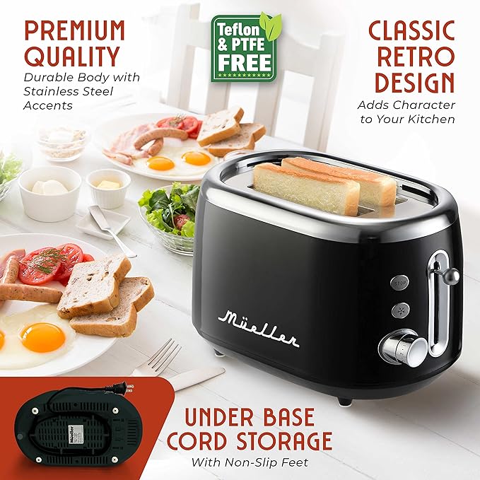 MUELLER HOME Retro Toaster 2 Slice 7 Browning Levels 3 Functions (Reheat Defrost Cancel) Stainless Steel Features Removable Crumb Tray Under Base Cord Storage Black