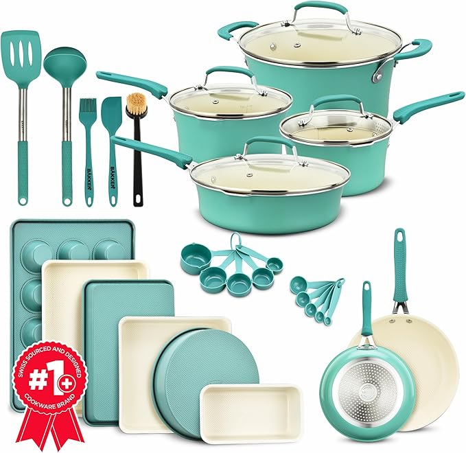 Pots and Pans Set 23-Piece Non Stick Cookware &amp Bakeware Sets with Plaid Pattern Stackable Design Dishwasher Safe Stain-resistant Oven &amp All-Stove Safe Tempered Glass Lid Aqua