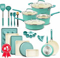 Pots and Pans Set 23-Piece Non Stick Cookware &amp Bakeware Sets with Plaid Pattern Stackable Design Dishwasher Safe Stain-resistant Oven &amp All-Stove Safe Tempered Glass Lid Aqua