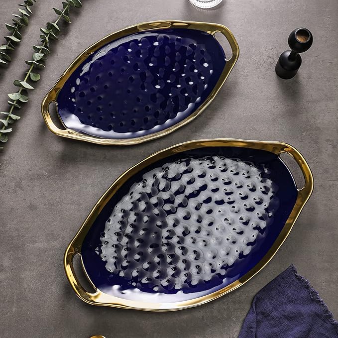 Stone Lain Florian Porcelain Large and Medium Oval Platters with Handle Service Set Blue with Gold Rim