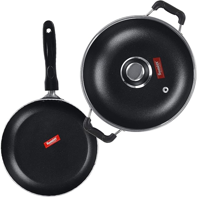 SUMEET Aluminium NonStick Kumush Cookware Set (Silver Kadhai with Glass Lid -2Ltr - 22Cm Tapper pan - 0.6Ltr - 20Cm Dia)