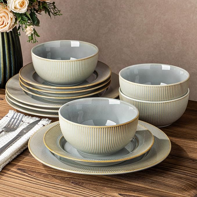 TheTerra Stoneware Dinnerware Sets for 4 12 Pieces Ceramic Plates and Bowls Sets Scratch Resistant Embossed Dish Set Oven Microwave &amp Dishwasher Safe Desert Sage